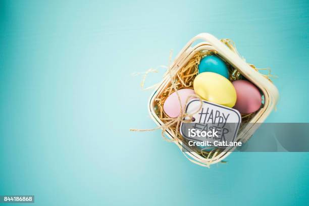 Easter Background With Pastel Colored Eggs Stock Photo - Download Image Now - Easter Basket, Blue Background, Easter