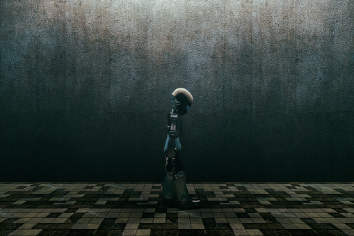 Sad little robot walking down the empty street.