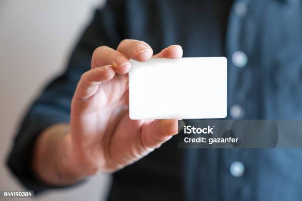 Hand Holding Blank White Credit Card Mockup Front Side View Plastic Bankcard Design Mock Up Stock Photo - Download Image Now