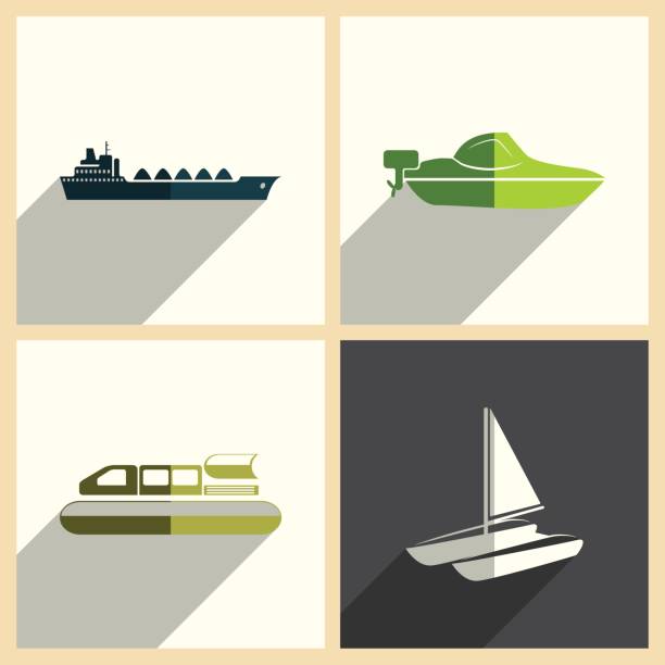 illustrazioni stock, clip art, cartoni animati e icone di tendenza di set di trasporto marittimo di icone piatte con ombra. illustrazione vettoriale - ferry container ship cruise sailing ship