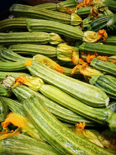Green squash with blossoms stock photo