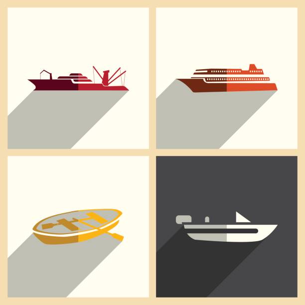 ilustrações, clipart, desenhos animados e ícones de conjunto de transporte mar de ícones planas com sombra. ilustração vetorial - ferry container ship cruise sailing ship