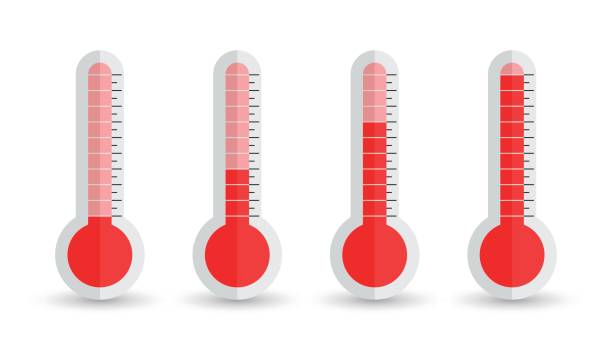 illustrations, cliparts, dessins animés et icônes de icône de thermomètres avec différents niveaux. illustration de vecteur plat isolé sur fond blanc. - barometer heat thermometer sun