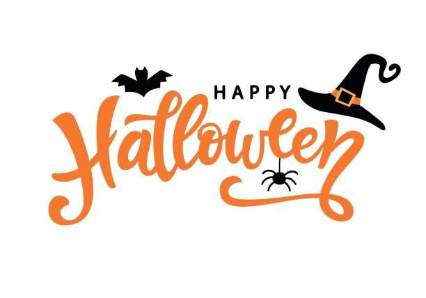 ilustraciones, imágenes clip art, dibujos animados e iconos de stock de cartel de tipografía de feliz halloween con texto de caligrafía manuscrita - halloween