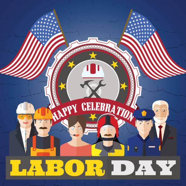 istock Vector poster of Happy Labor Day with different professions on the background with label and flags. 844194856
