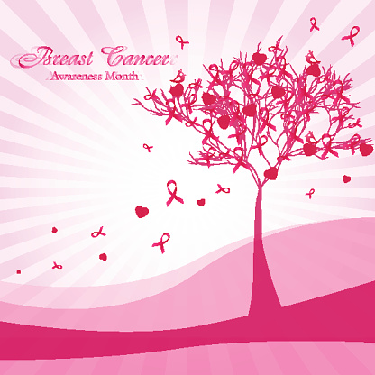 Awesome postcard with abstract tree and pink ribbons and hearts as leaves on pale striped background. National Breast Cancer Awareness Month. Vector illustration