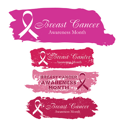 Set of pink grunge stickers with cancer ribbon in different pink colors isolated on white. National Breast Cancer Awareness Month. Vector illustration