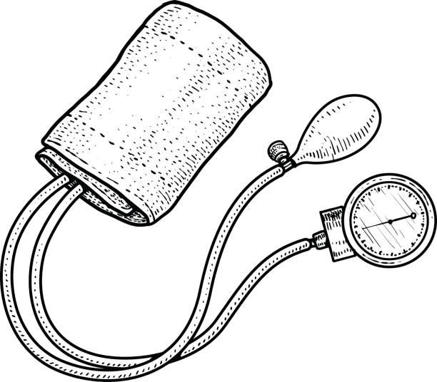 Blood pressure meter illustration, drawing, engraving, ink, line art, vector Illustration, what made by ink, then it was digitalized. realistic heart drawings stock illustrations