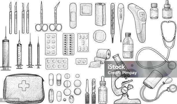 Medical Tool Collection Illustration Drawing Engraving Ink Line Art Vector Stock Illustration - Download Image Now