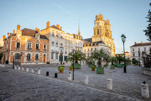 Sunset view on the old town with saint Croix cathedral in Orleans city in France