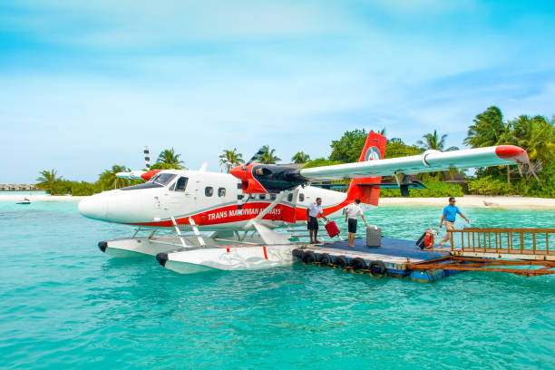 Hydroplane near the wooden pier stock photo