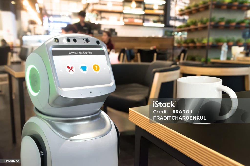 Concepto de negocio de tecnología de las tendencias de robótica. Robot de servicio personal asistente personal autónomo para pedir comida de menú en el restaurante y café. - Foto de stock de Robot libre de derechos