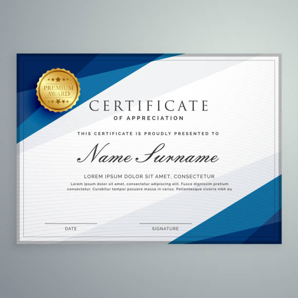 ilustraciones, imágenes clip art, dibujos animados e iconos de stock de plantilla de diploma de certificado elegante de blanco y azul - diploma