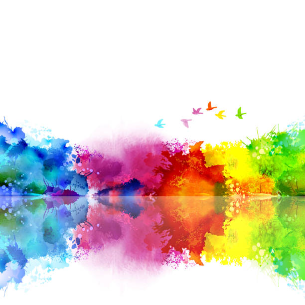 Abstract Watercolor fantastic landscape with a flying flock of birds. Calm lake created colored blotches and spots. Abstract Watercolor fantastic landscape with a flying flock of birds. Calm lake, trees and shore created colored blotches and spots. summer beauty stock illustrations