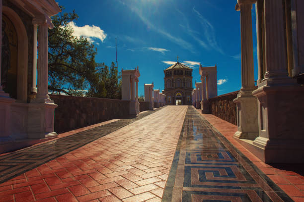 Famous orthodox monastery of Kykkos, Holy monastery of the Virgin of Kykkos in Cyprus. Way to the church near king Macarius grave. Travel sightseeing image