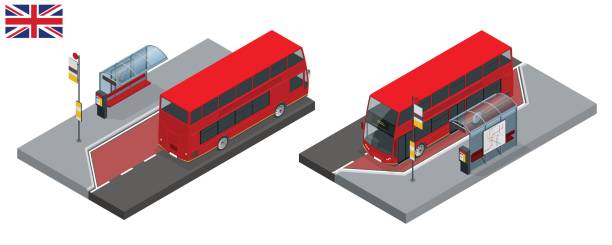 изометрический набор лондонского двухэтажного красного автобуса и автобусной остановки. соединенное королевство автомобиль значок набор - architecture feature stock illustrations