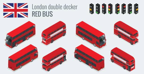 Isometric set of London double decker Red bus. United Kingdom vehicle icon set. 3D flat vector illustration Isometric set of London double decker Red bus. United Kingdom vehicle icon set. 3D flat vector illustration. double decker bus stock illustrations