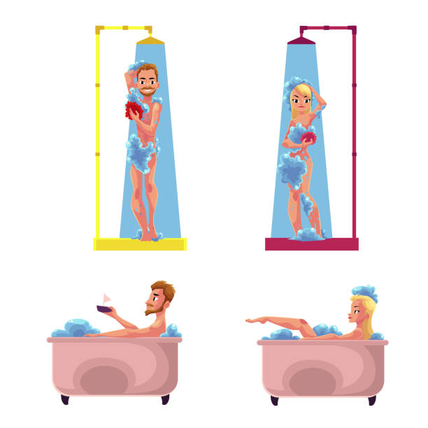 ilustraciones, imágenes clip art, dibujos animados e iconos de stock de hombre, mujer, ducha, baño, lavado, disfrutar de bañarse en la bañera - health spa illustration and painting women beautiful