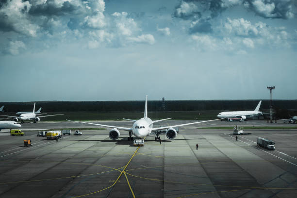 istock Airport with many airplanes, air transportation concept 844227176