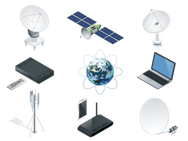 isometrische wireless technologie und globale kommunikation symbole türme sat-antennen-radioteleskop router und earth orbit raumstation gps satelliten isoliert vektor-illustration world globales netz - modem stock-grafiken, -clipart, -cartoons und -symbole