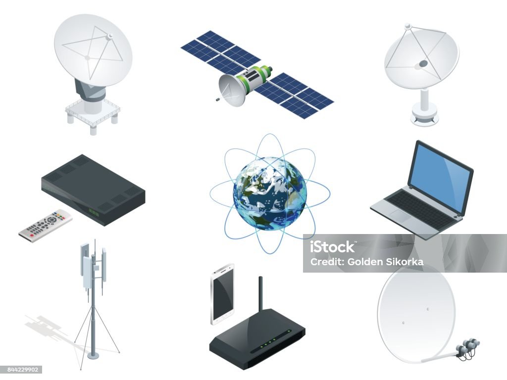 Isometric Wireless Technology and Global communication icons towers satellite antennas radio telescope router and Earth orbit space station GPS satellite isolated vector illustration World global net Isometric Wireless Technology and Global communication icons towers satellite antennas radio telescope router and Earth orbit space station GPS satellite isolated vector illustration World global net. Satellite stock vector