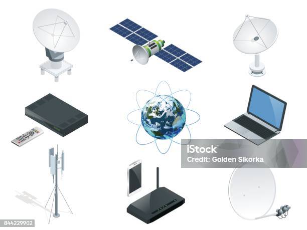 Isometric Wireless Technology And Global Communication Icons Towers Satellite Antennas Radio Telescope Router And Earth Orbit Space Station Gps Satellite Isolated Vector Illustration World Global Net Stock Illustration - Download Image Now