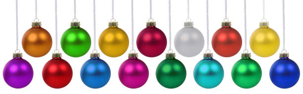 istock Christmas balls baubles banner decoration hanging isolated on white 844233636