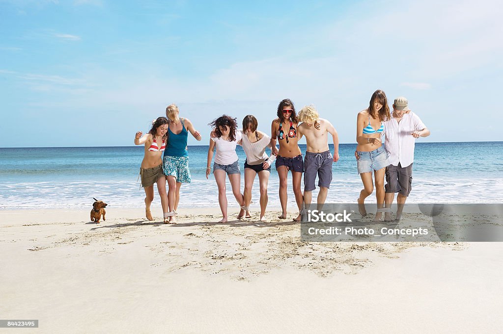 Grupo de corrida na praia com cachorro "Cornualha, Inglaterra" - Foto de stock de Praia royalty-free