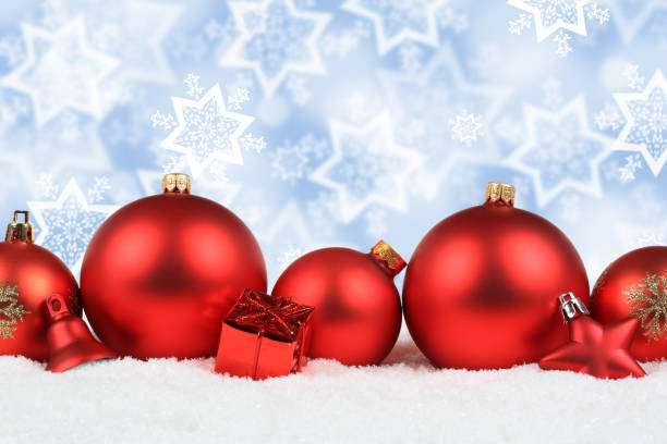 istock Christmas balls red decoration snow stars background copyspace 844235832