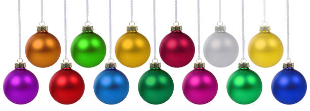 istock Christmas balls baubles banner deco decoration hanging isolated on white 844236304