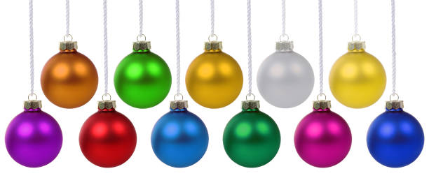 istock Christmas balls baubles banner hanging isolated on white 844238800