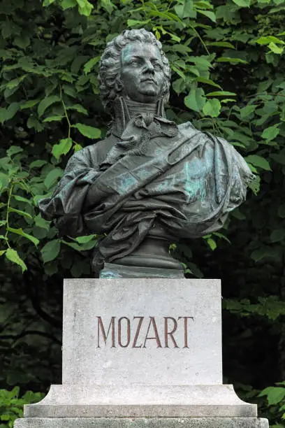 Bust of Wolfgang Amadeus Mozart on Kapuzinerberg hill in Salzburg, Austria. The bust by the Austrian sculptor Edmund von Hellmer was erected on April 8, 1881.