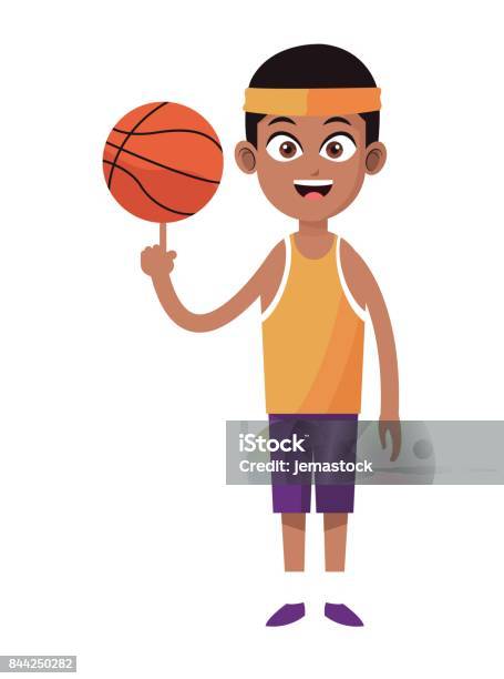 Afroamerican Man Player Basketball With Uniform Headband Stock Illustration - Download Image Now