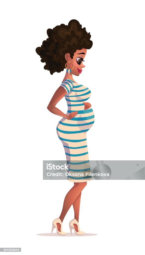 Vector illustration of black pregnant woman. Young african-american pregnant woman smiling and looking at the belly with hands on stomach. Vector flat design illustration isolated on white background Vector illustration of black pregnant woman. Young african-american pregnant woman smiling and looking at the belly with hands on stomach. Vector flat design illustration isolated on white background. Pregnant stock vector