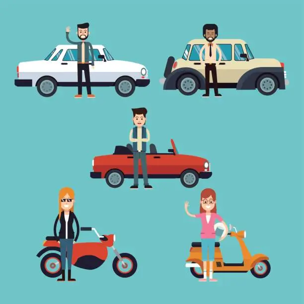 Vector illustration of group people with motorcycle and car luxury