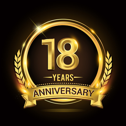 18th golden anniversary icon, with shiny ring and red ribbon, laurel wreath isolated on black background, vector design
