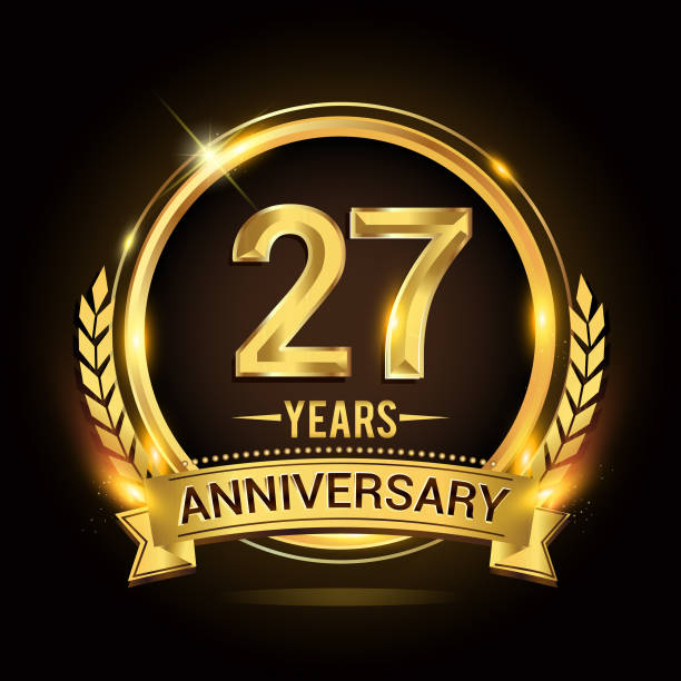 27th golden anniversary icon, with shiny ring and gold ribbon, laurel wreath isolated on black background, vector design 27th golden anniversary icon, with shiny ring and red ribbon, laurel wreath isolated on black background, vector design number 27 stock illustrations