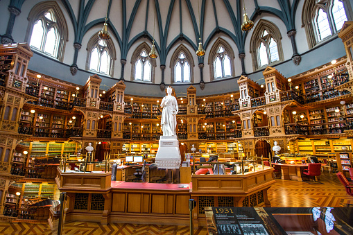 The library within the Canadian Parliament building in Ottawa, Ontario.