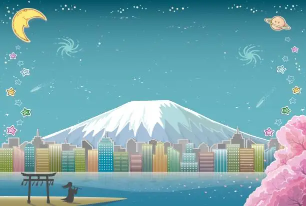 Vector illustration of Fantasy city. Background with snow mountain and night sky.