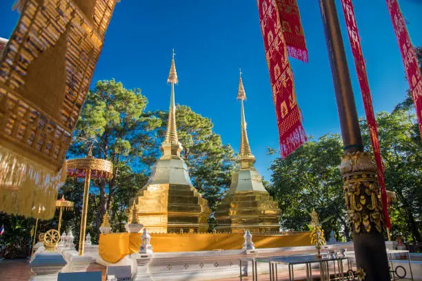 Two golden pagodas at Phra That Doi Tung temple, Doi tung is a name of mountain in Chiang Rai province,that located of doi tung pagoda one of famous place and historic for buddhism in chiangrai Thailand
