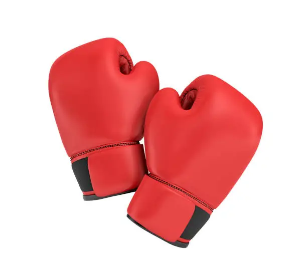 3d rendering of a red right boxing gloves isolated on white background. Sports accessories. Fighting class. Exercise and self-defense.