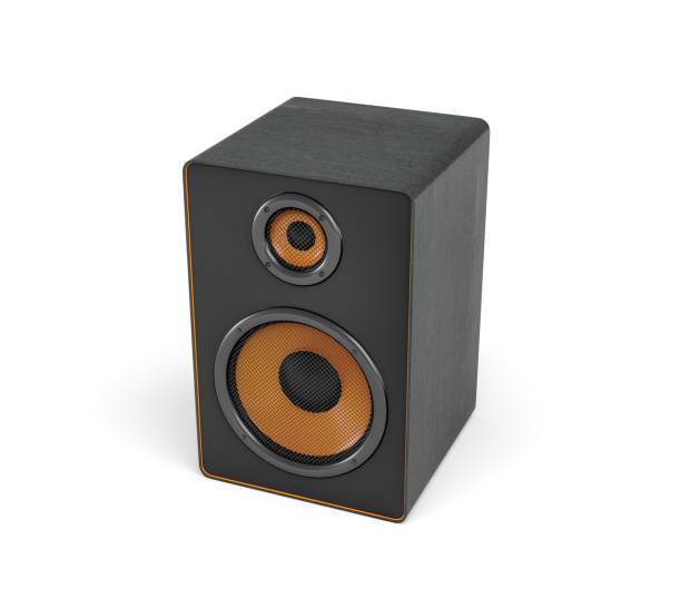 istock 3d rendering of a large black stereo box with two round speakers on white background 844311878
