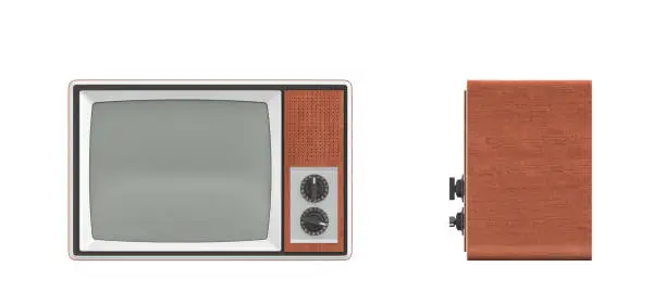 3d rendering of a turned-off retro TV with a big screen and two rotary switches. TV shows. Old-school appliances. Retro interior.