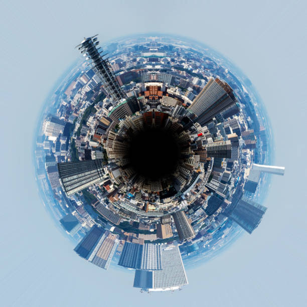 panorama du cercle des toits de la ville urbaine, par exemple, si elles ont été prises avec un objectif fish-eye - fish eye lens photos et images de collection