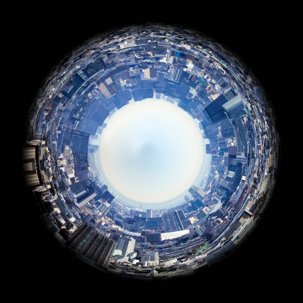 kreispanorama der skyline der stadt, z. b. mit einer fischaugenlinse - fischaugen objektiv fotos stock-fotos und bilder
