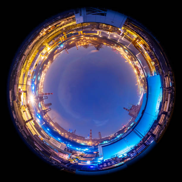 panorama de cercle horizon usine moderne, par exemple, si elles ont été prises avec un objectif fish-eye - fish eye lens photos et images de collection