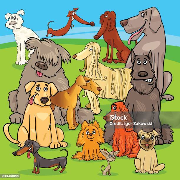 Breed Dogs Cartoon Characters Group Stock Illustration - Download Image Now - Cocker Spaniel, Afghan Dog, Airedale Terrier