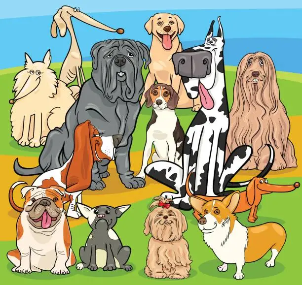 Vector illustration of purebred dogs cartoon characters group