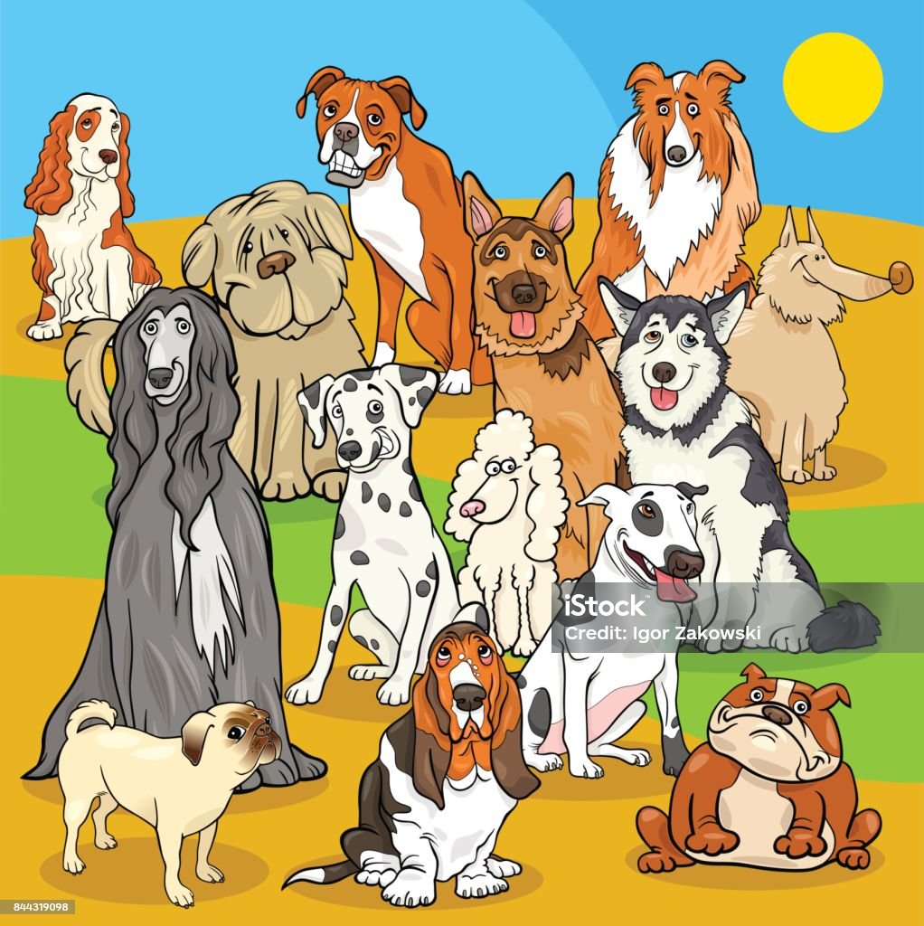 Pedigree Dogs Cartoon Characters Group Stock Illustration - Download Image  Now - Dog, Caricature, Hound - iStock
