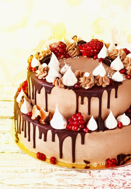 istock Festive two-tier cake with fruit streaks of chocolate 844319764